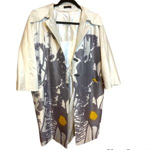 BCBG MAXAZRIA -  Trench Coat. Cream, grey and yellow. Button down front.